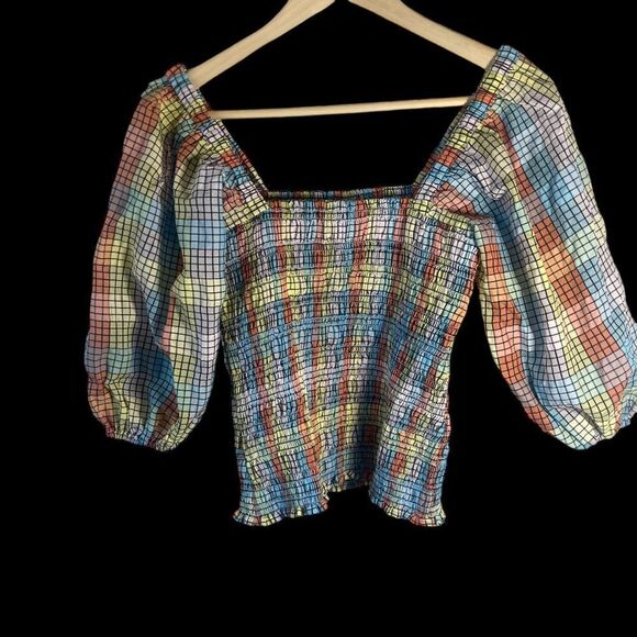 Ganni Windowpane Gingham Multi Striped Smocked Top Puff Sleeves Sz 36/US… - Picture 10 of 11